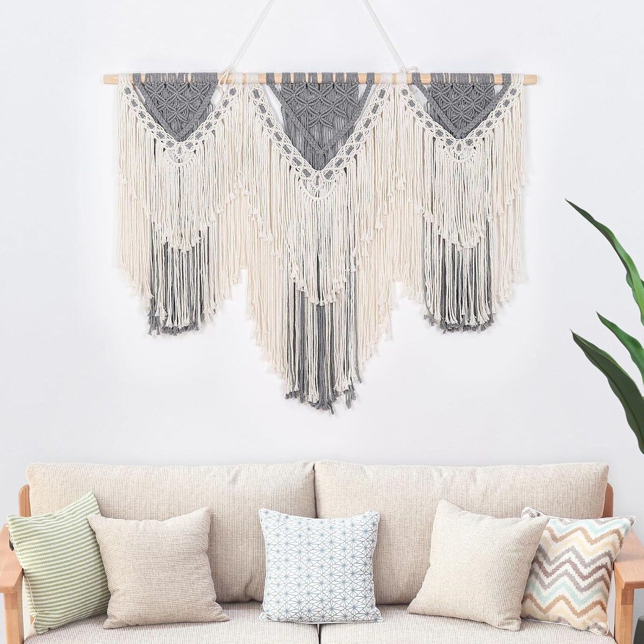 Large Macrame Wall Hanging 43 Inches Natural Cotton Rope Handmade Macrame Wall Decor - Gray and Off White